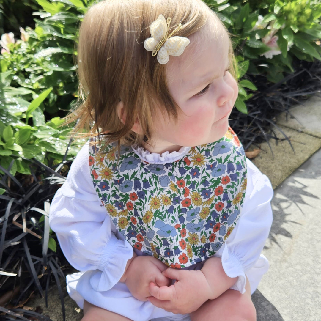 Little Acorn Liberty Bib 'Poppy & Daisy' - Blue / Rust
