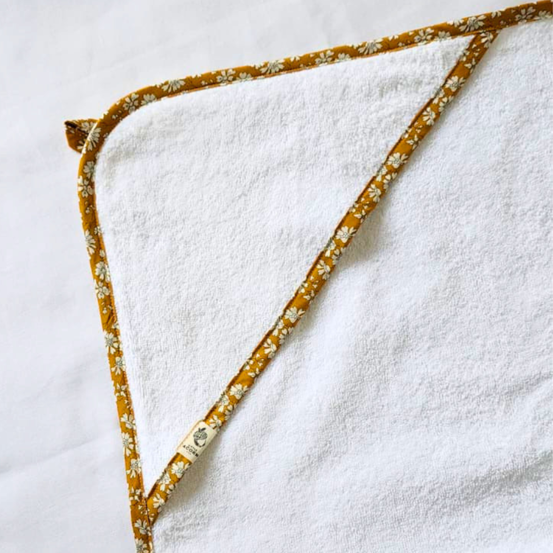 Little Acorn Hooded Baby Bath Towel with 'Capel Mustard' Liberty Binding