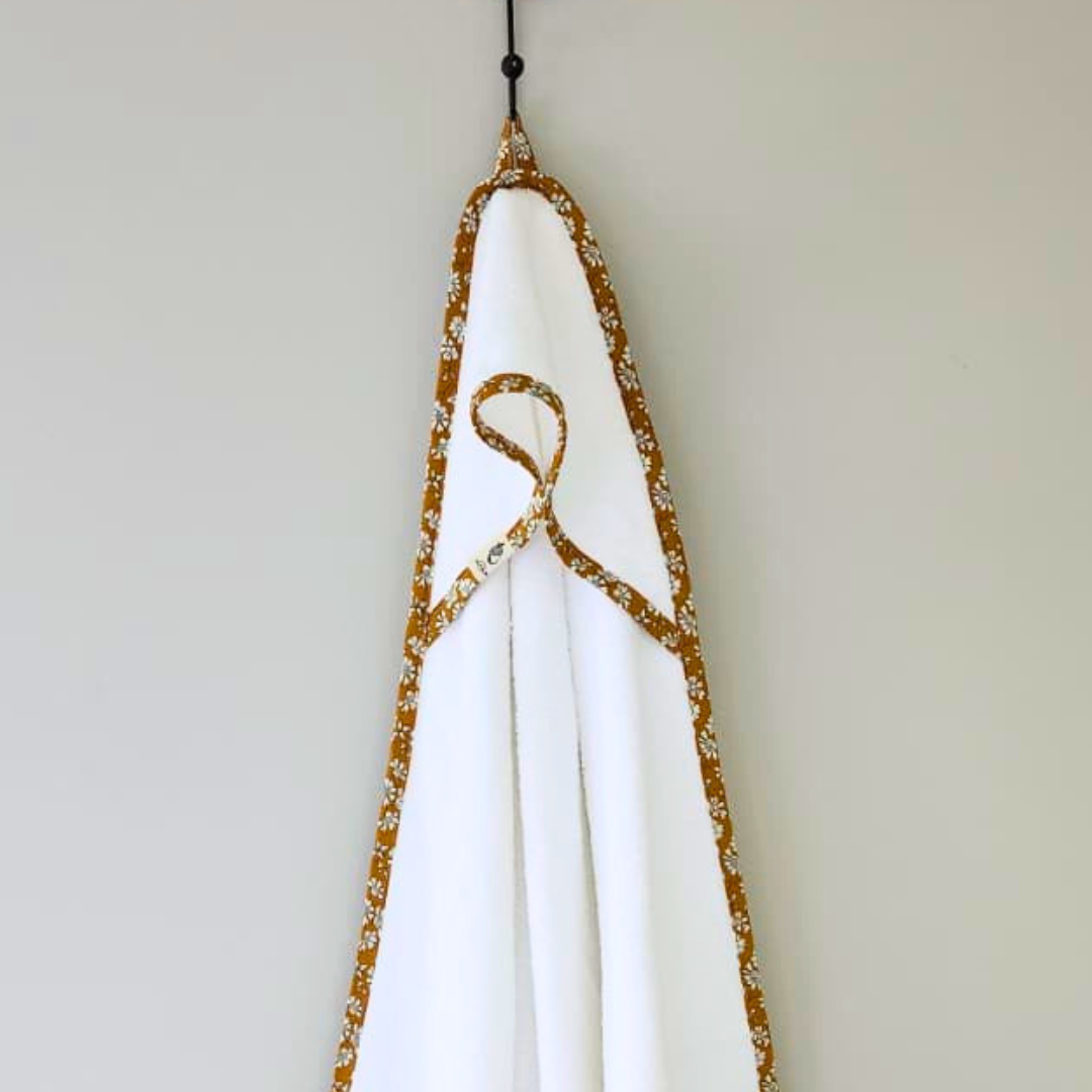 Little Acorn Hooded Baby Bath Towel with 'Capel Mustard' Liberty Binding