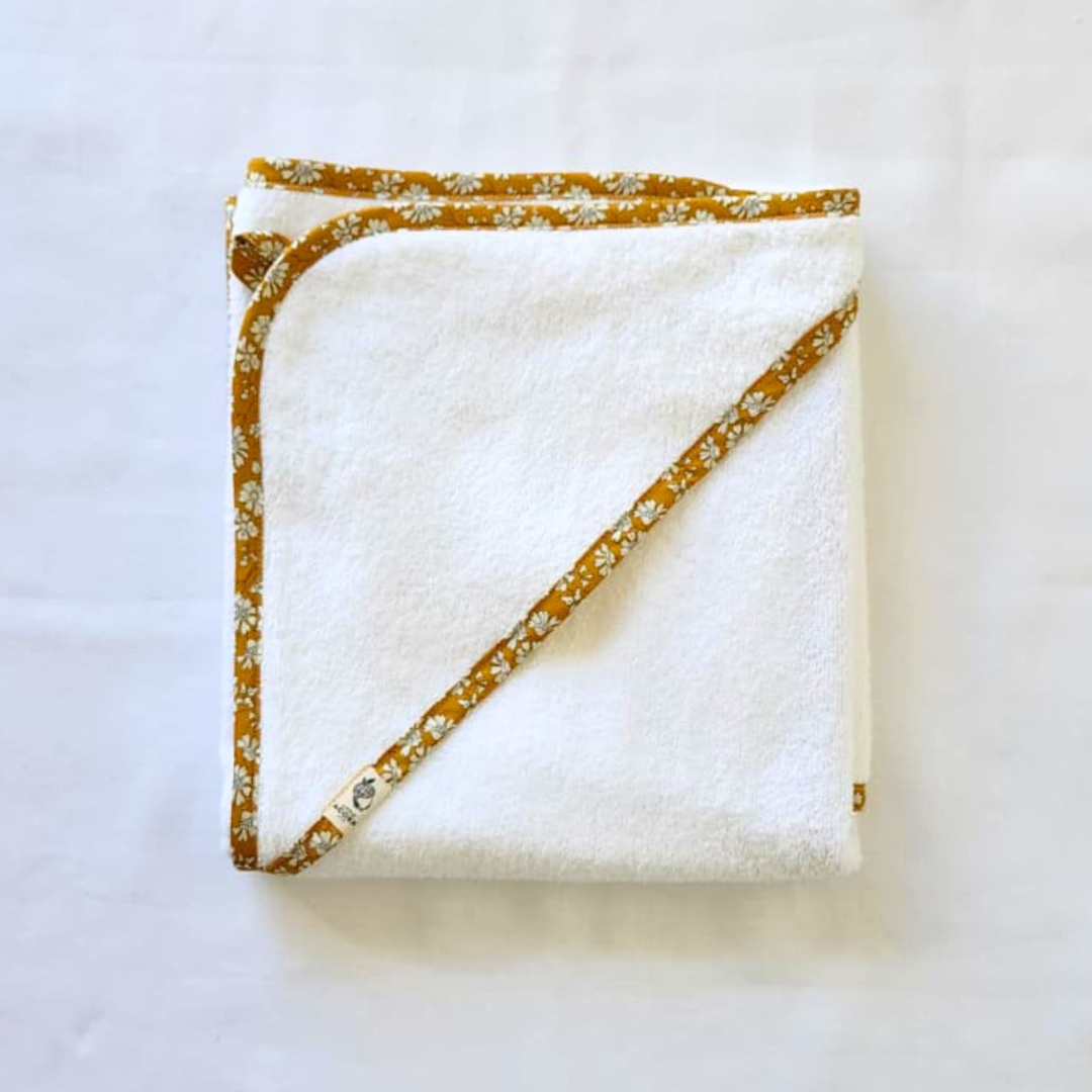 Little Acorn Hooded Baby Bath Towel with 'Capel Mustard' Liberty Binding
