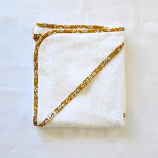 Little Acorn Hooded Baby Bath Towel with 'Capel Mustard' Liberty Binding